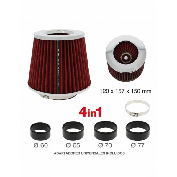 Filtro de Aire Universal para Coche Incluye 4 Adaptadores 60mm 65mm 70mm 77mm Color Rojo