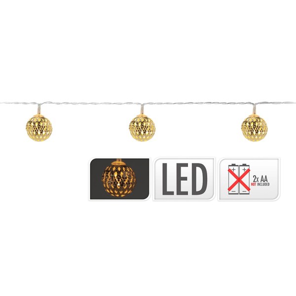 Guirnalda a pilas, función fija, uso interior, con bolas, blanco cálido, 10 leds, 1,30 m, oro