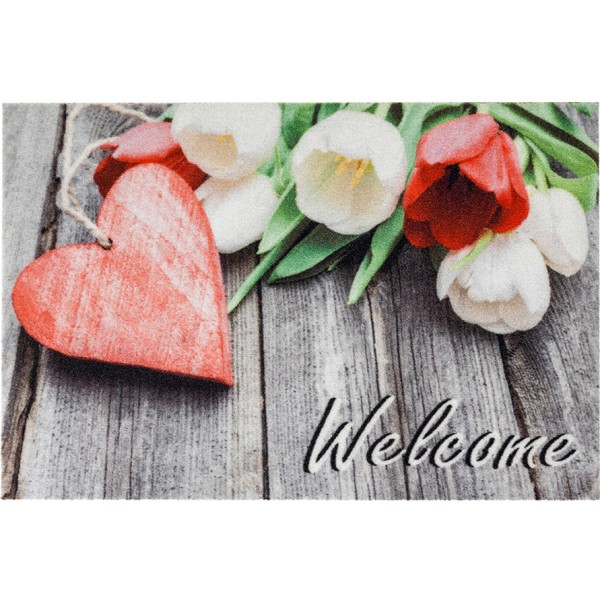 Felpudo de interior, deco print, 100% poliamida, 40 x 60 cm, diseño flores corazón welcome